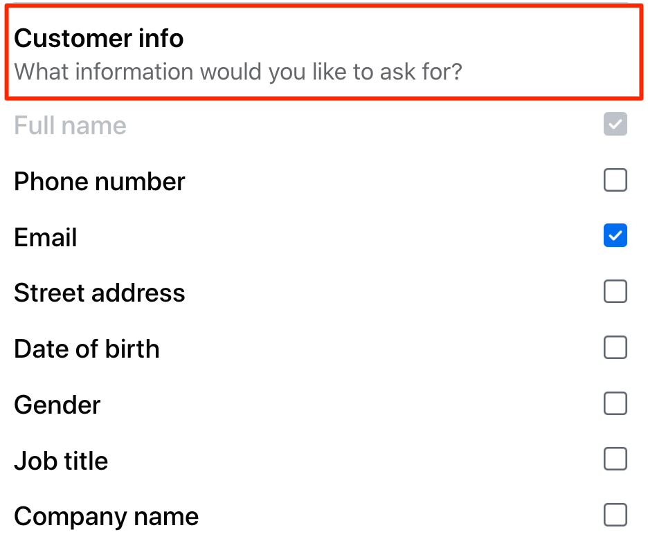 Customer info selection section for a Facebook lead ad form
