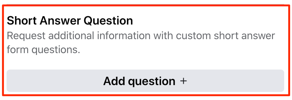 Short Answer Question section for a Facebook lead ad form.