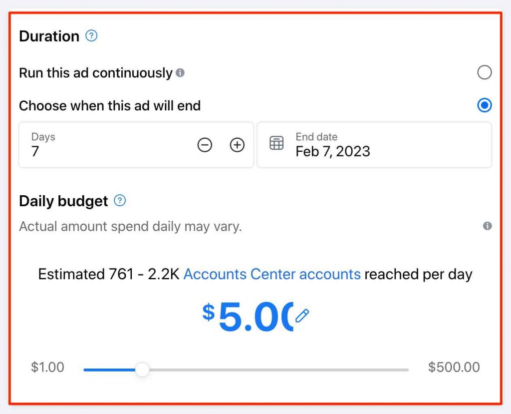 Duration and budget summary for new Facebook lead ad