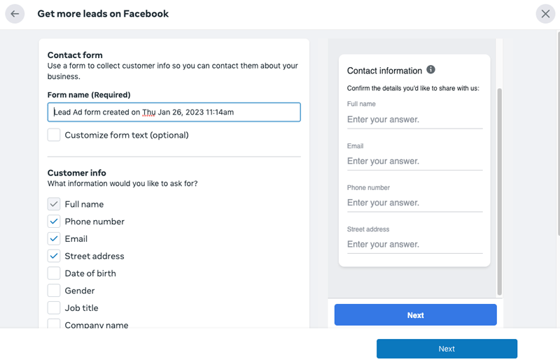 Facebook Lead Ad Form Fields