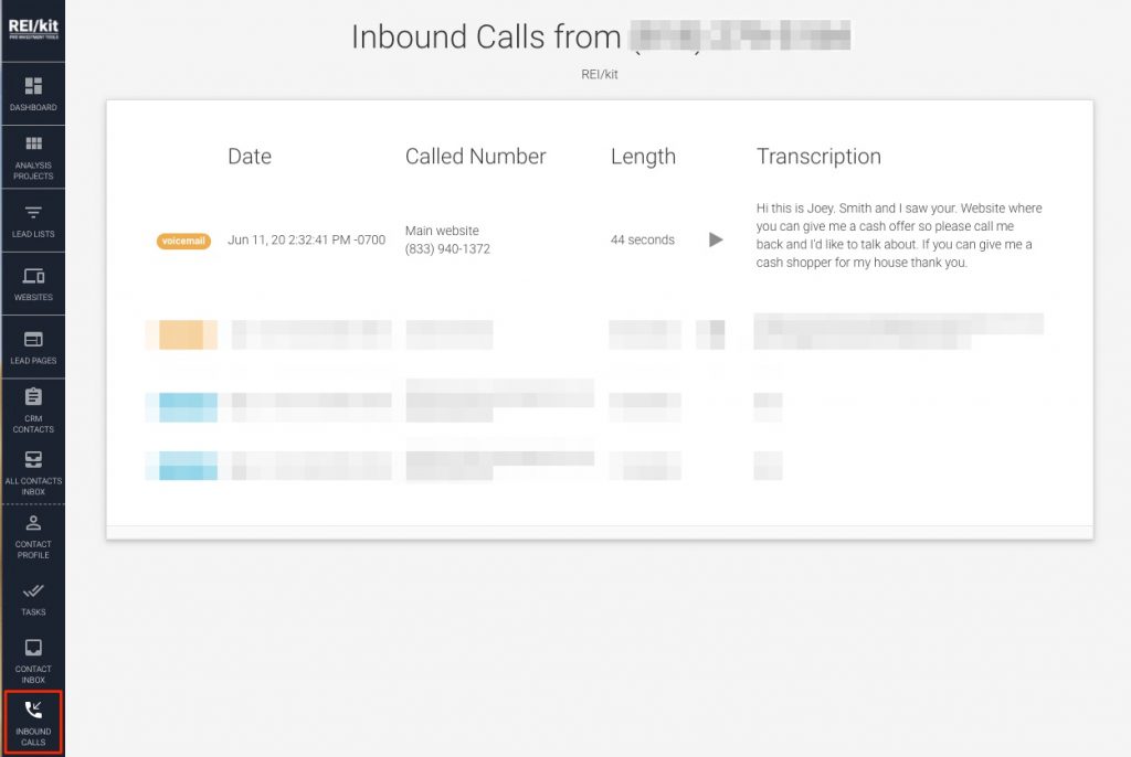Screenshot of Inbound Call Records in REIkit