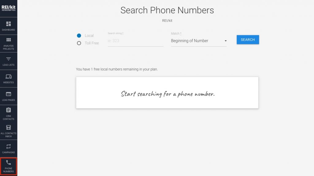 Phone numbers tool screen in REIkit