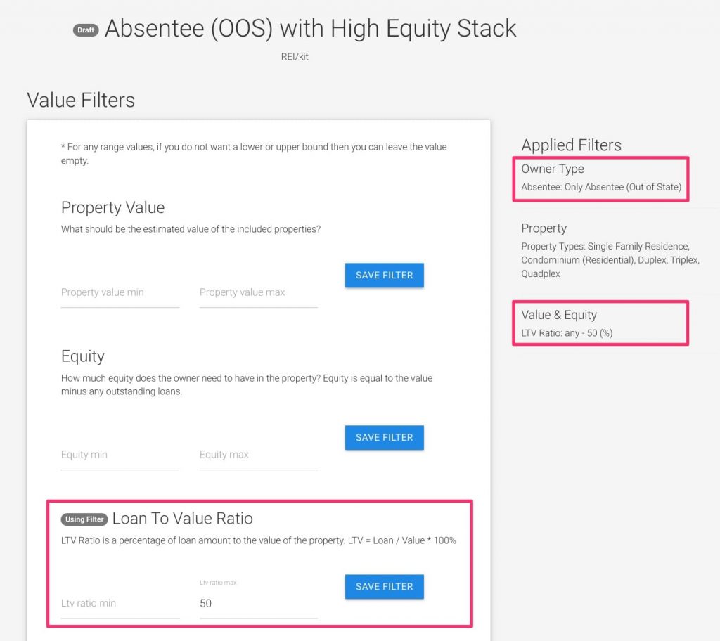 REIkit list stacking tool displaying absentee out of state and high equity filters