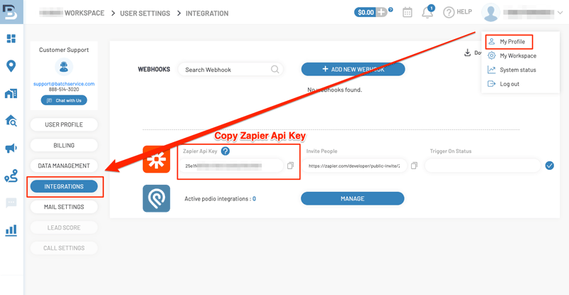 BatchLeads Integrations Screen Zapier API Key