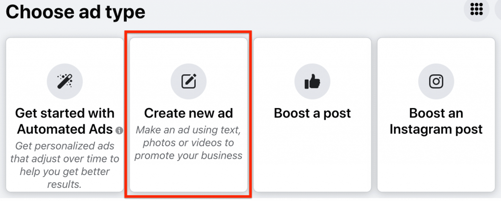 Select the create new ad box 
