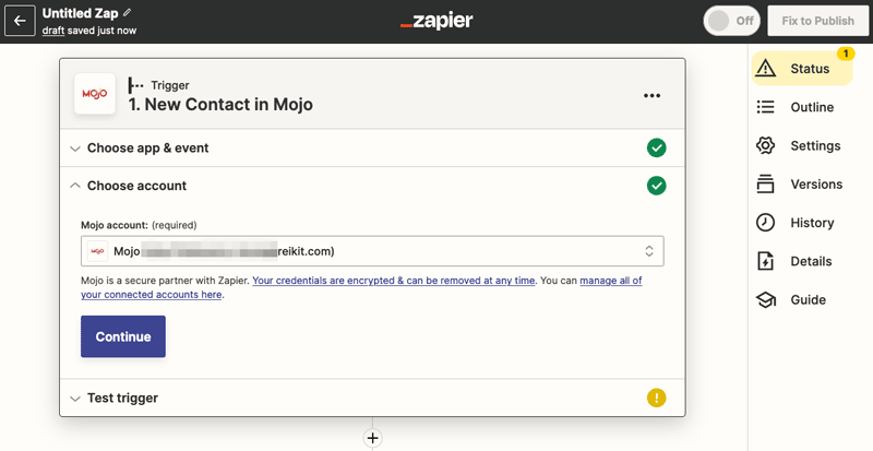 Configure Trigger, Mojo Account Select