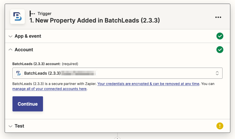 Zapier Trigger BatchLeads Account Selection